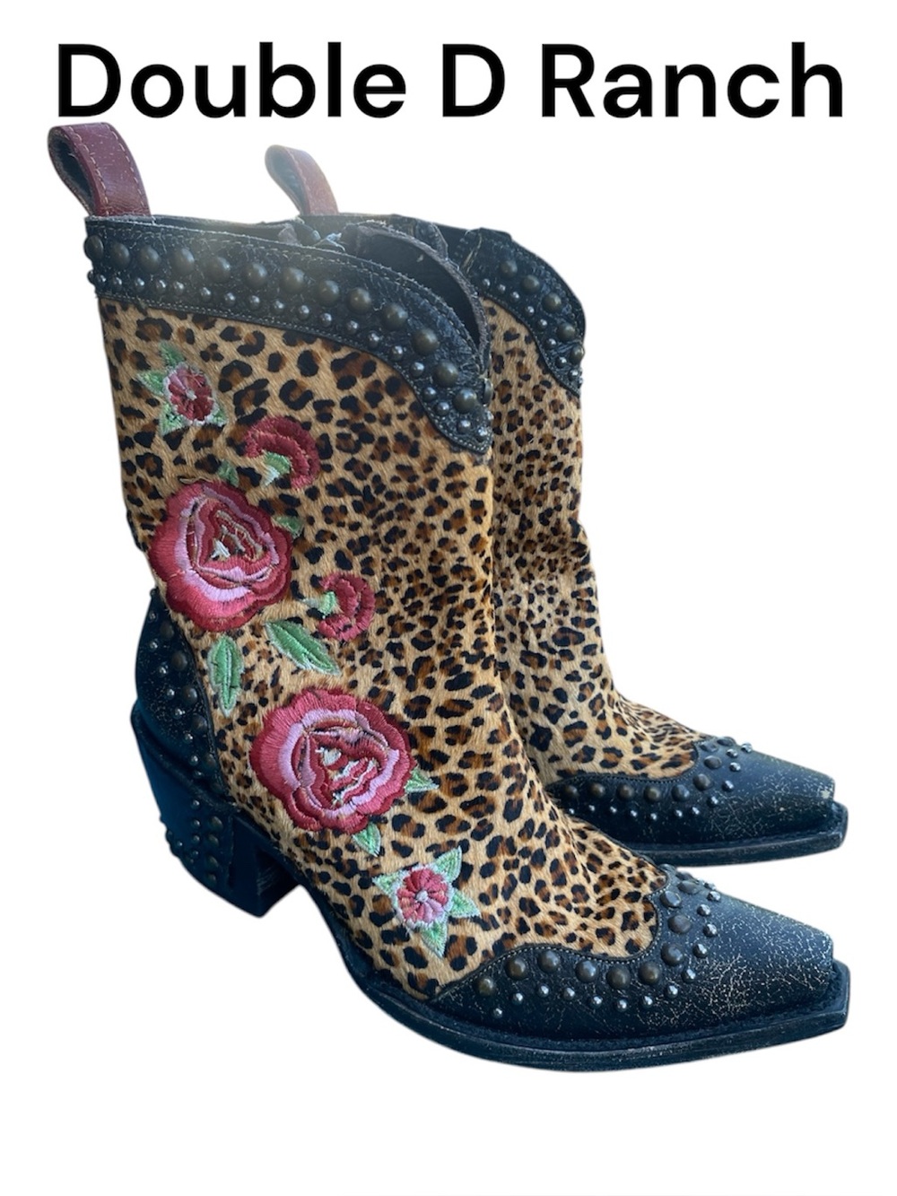 Double D Ranch Leopard Calf Hair Floral Studded Western Boots 5B Rare